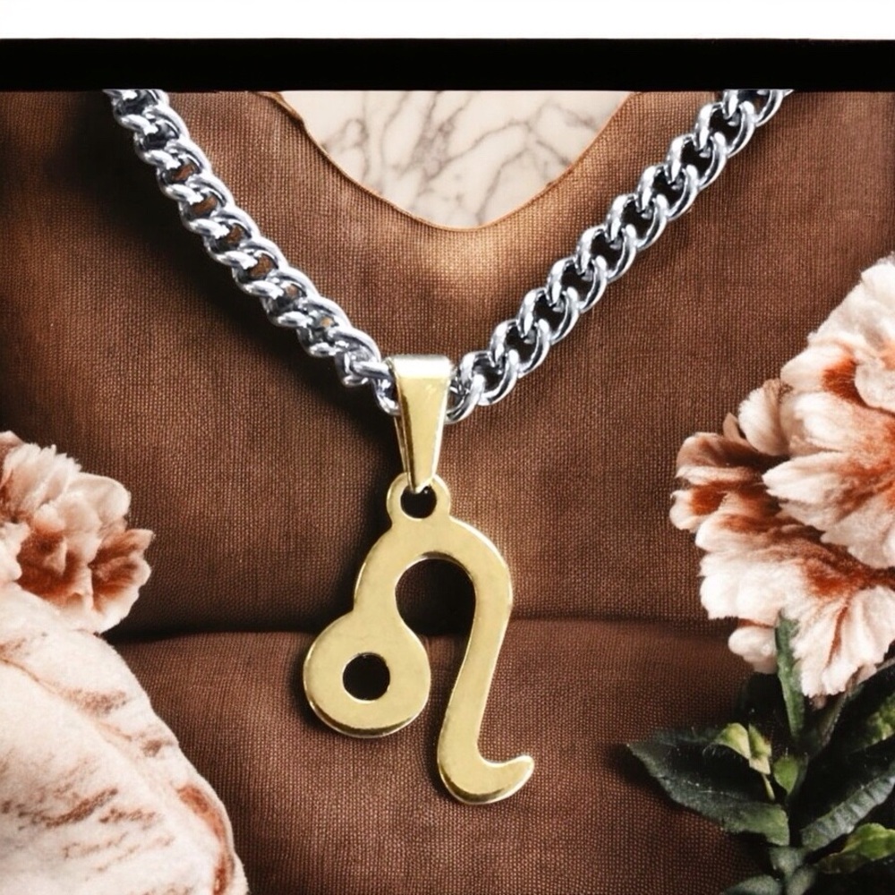 Hand Crafted Gold Leo Zodiac Pendant Necklace with Silver Chain